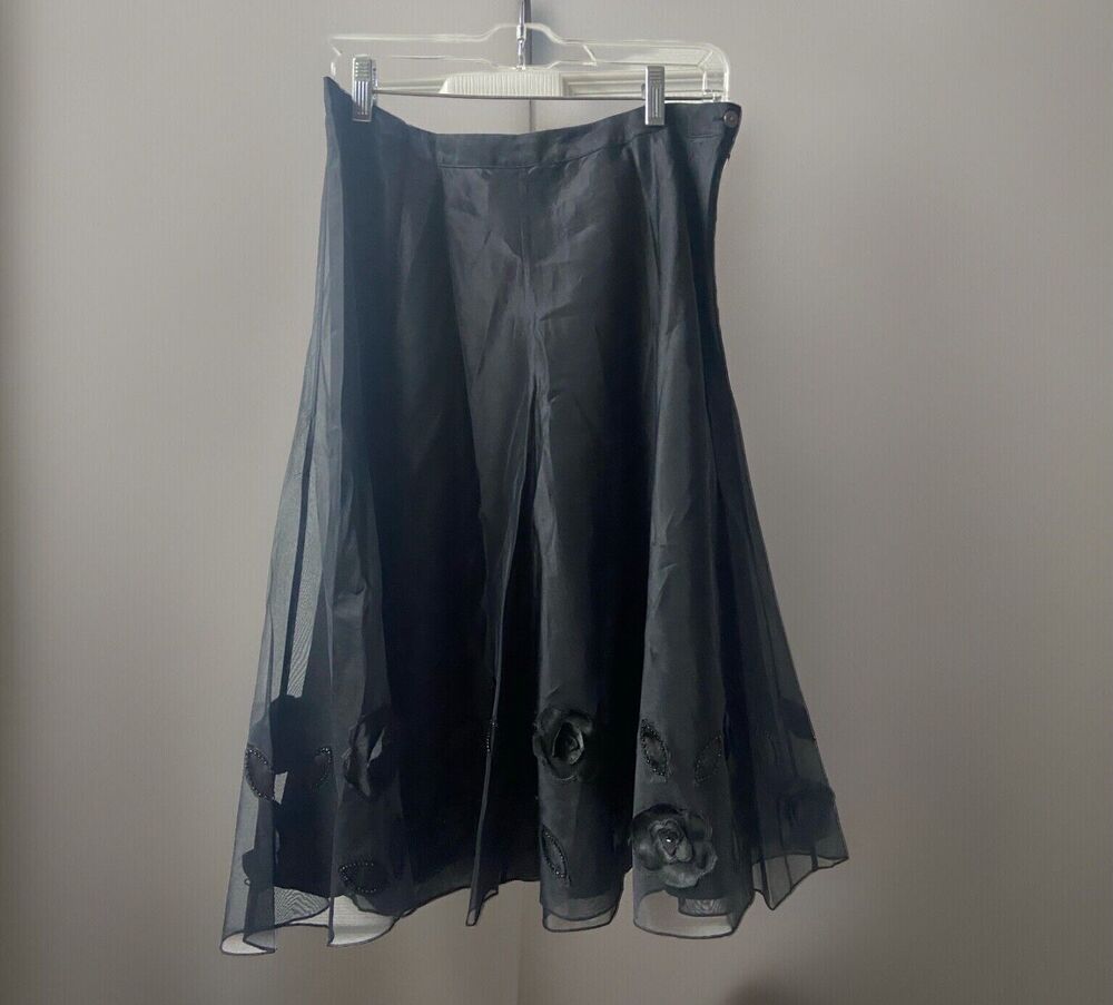 Laura Ashley Petites Silk Skirt Womens 10P Black Floral Appliques Witchycore